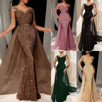 Collage of five evening gowns in different colors and styles.