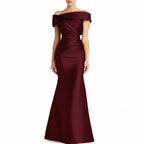 Burgundy off-shoulder gown on a white background