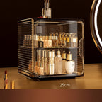 Cosmetic organizer with skincare products and dimensions labeled