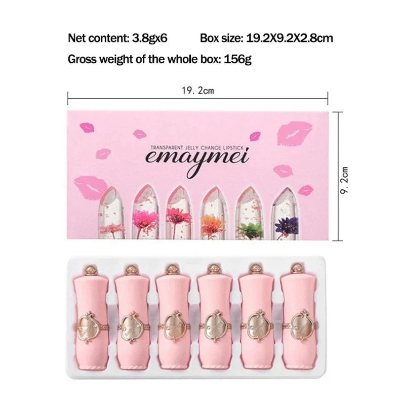 6Pcs/Box Crystal Clear Flower Jelly Lip Balm Kits Set Temperature Color Changing Lipstick Moisturizer Vitamin E Beauty Health
