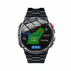 Smartwatch with features listed on a dark background