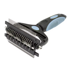 A pet grooming slicker brush with a black and light blue handle, featuring multiple rows of metal pins and curved metal cutting blades, shown on a plain white background.
