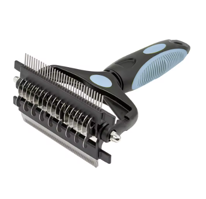 A pet grooming slicker brush with a black and light blue handle, featuring multiple rows of metal pins and curved metal cutting blades, shown on a plain white background.
