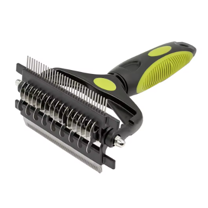 A pet grooming brush with a black and lime green handle, featuring dual rows of metal pins on one side and fine metal combs on the other, shown against a plain white background.