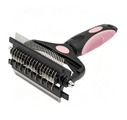 A pet grooming brush with a black and pink handle, featuring dual rows of metal teeth for detangling and shedding, shown on a plain white background.