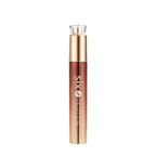 Gold and bronze cosmetic bottle with 'six peptide' branding on a white background