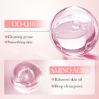 Cosmetic product with CO-Q10 and Amino Acid text on a pink background