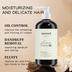 Venrock shampoo bottle with product features on a beige background