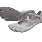 Gray toe-separated sandals with a white sole on a white background