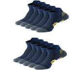 10 pairs of blue ankle socks with yellow accents on a white background