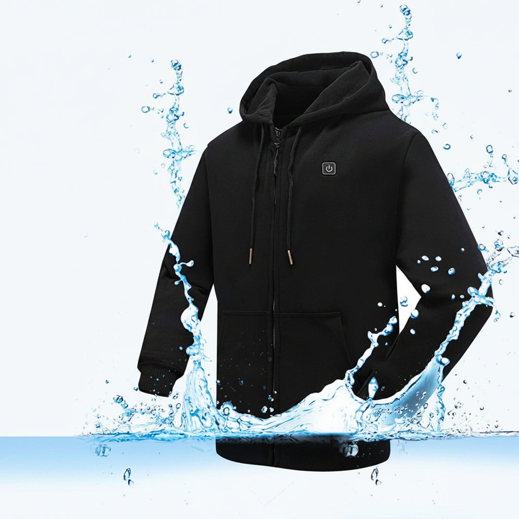 Black heated jacket with washing instructions on a white background