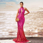Women's Rose Red High-Neck Keyhole Sequined Evening Dress – Slim-Fit Mermaid Banquet Gown