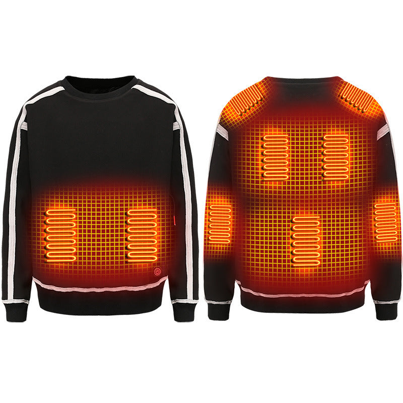 Black heated sweater with glowing orange heating elements on a white background