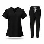 Navy blue medical uniform set with top and pants on a white background