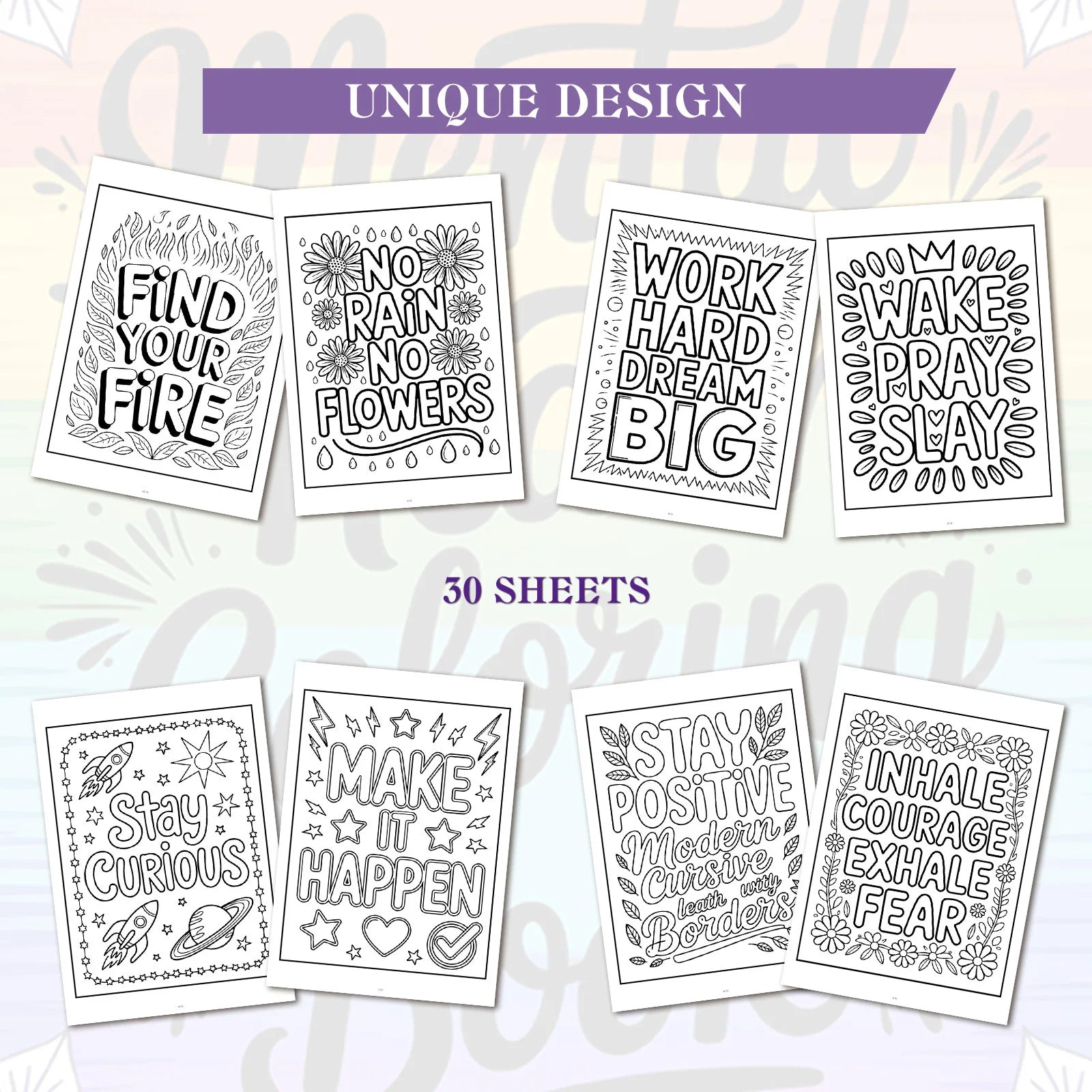 1PC 30-Page Mental Health Coloring Book, Exquisite Floral Patterns, Inspirational Quotes, Stress Relief