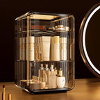 Cosmetic organizer with skincare products and dimensions displayed
