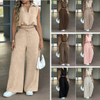 A collage showing a woman modeling a sleeveless collared top and wide-leg patterned pants in multiple colorways. The left panel shows the outfit in beige/peach tones, while the right side displays additional options in brown, taupe, black, pink, and light beige.