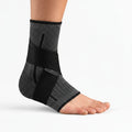 Ankle support brace on a foot with product details on a white background
