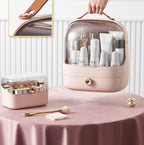 Pink cosmetic case with Skii products on a pink tablecloth