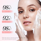 Woman applying a skincare product with text indicating brightening, cleaning, and smoothing effects.