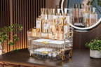Cosmetic organizer with skincare products on a wooden surface, featuring measurements.