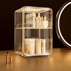 Cosmetic organizer with skincare products and dimensions on a dark background