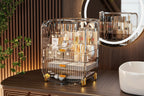Cosmetic organizer with skincare products on a wooden surface, featuring dimensions.