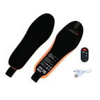Heated insoles with a remote control and USB cable on a light gray background