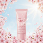 Pink sunscreen tube with cherry blossoms and 'LAIKOU JAPAN' branding