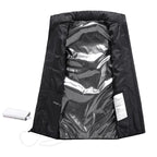 Black insulated bag with reflective interior on a white background