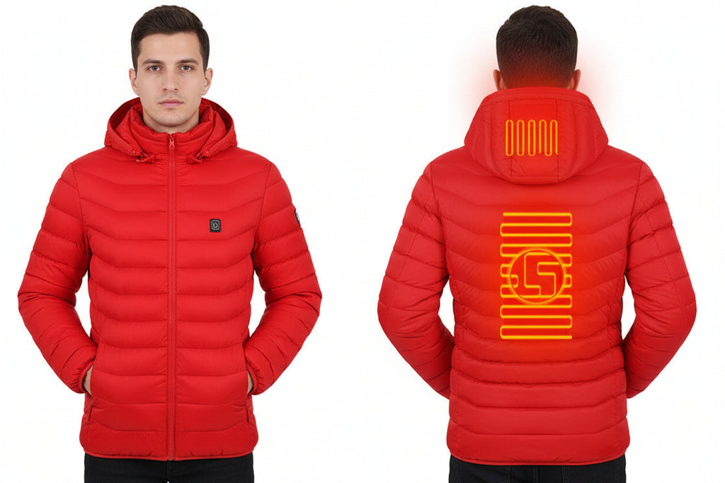 Red puffer jacket with a glowing yellow logo on a white background