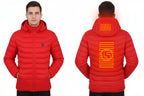 Red puffer jacket with a glowing yellow logo on a white background