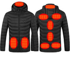 Black heated jacket with visible heating elements and control indicators on a white background