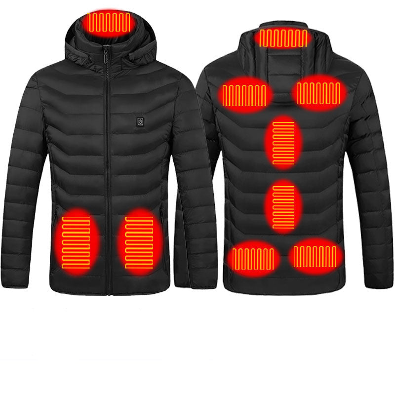 Black heated jacket with visible heating elements and control indicators on a white background