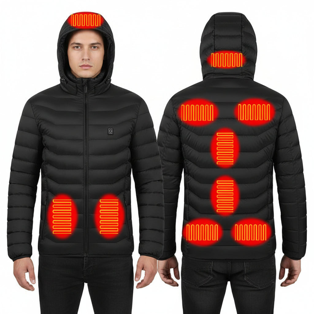 Black heated jacket with visible heating elements and control indicators on a white background