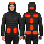 Black heated jacket with visible heating elements and control indicators on a white background