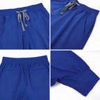 Blue pants with drawstring waist, diagonal pocket, back view, and thread hems on a white background.