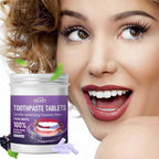 YILEST toothpaste tablets with a woman showing off her smile.