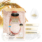 Facial mask packaging with rice theme and product benefits on a white background