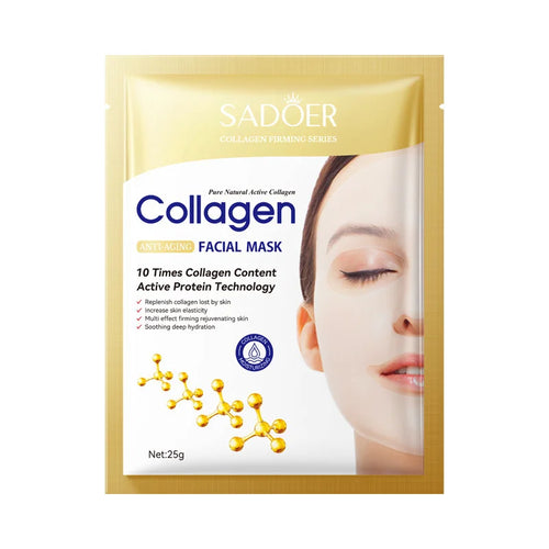 Sadoer collagen facial mask packaging with a woman's face on a white background
