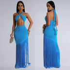 Blue fringe dress shown from front and back on a plain background