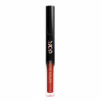Lipstick with color swatches on lips and measurement details