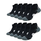 10 pairs of black ankle socks with gray toes on a white background