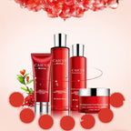 Red skincare products with 'CAICUI' branding on a beige background