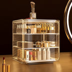 Cosmetic organizer with products inside, showing dimensions and features on a dark background.