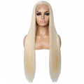 Blonde wig worn by a person on the left and displayed on a mannequin head on the right against a dark background.