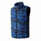 Blue camouflage patterned vest on a white background