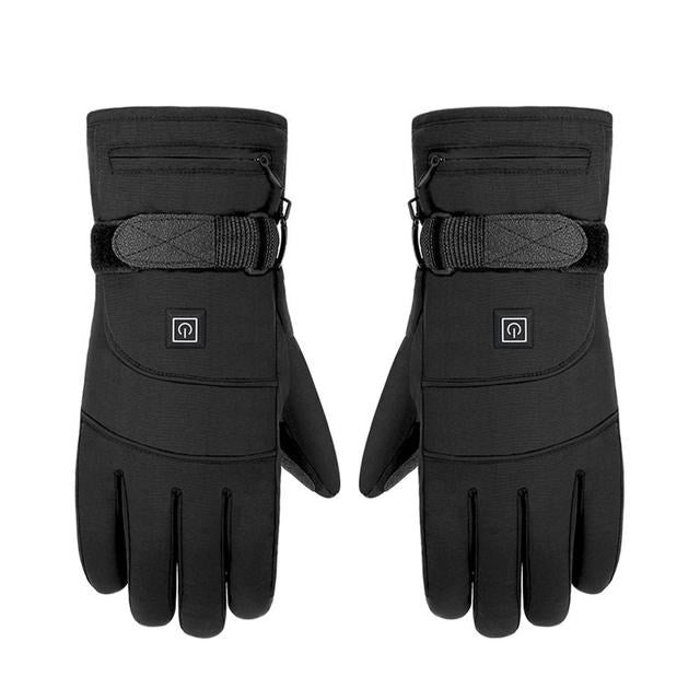 Pair of black heated gloves with visible brand logo on a white background