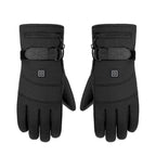 Pair of black heated gloves with visible brand logo on a white background