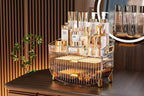 Cosmetic organizer with skincare products on a wooden surface, featuring dimensions.